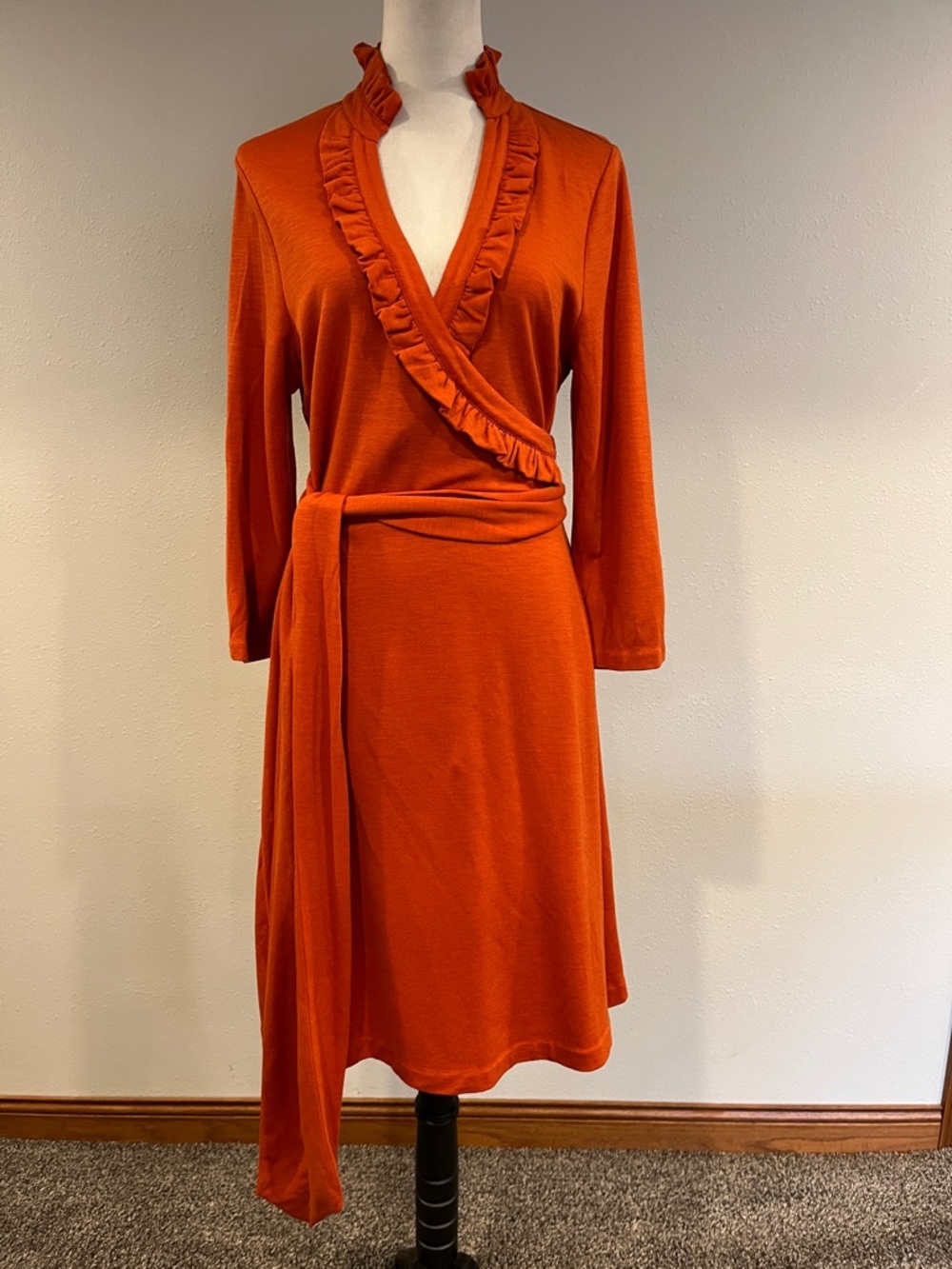 Banana Republic rust Orange wool Ruffle fake Wrap Midi Dress size large